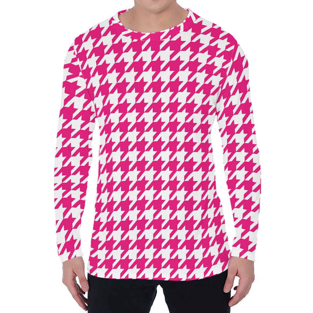 Hot Pink And White Houndstooth Print Men's Long Sleeve T-Shirt