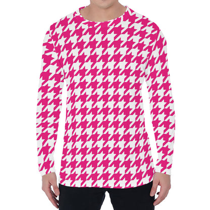 Hot Pink And White Houndstooth Print Men's Long Sleeve T-Shirt