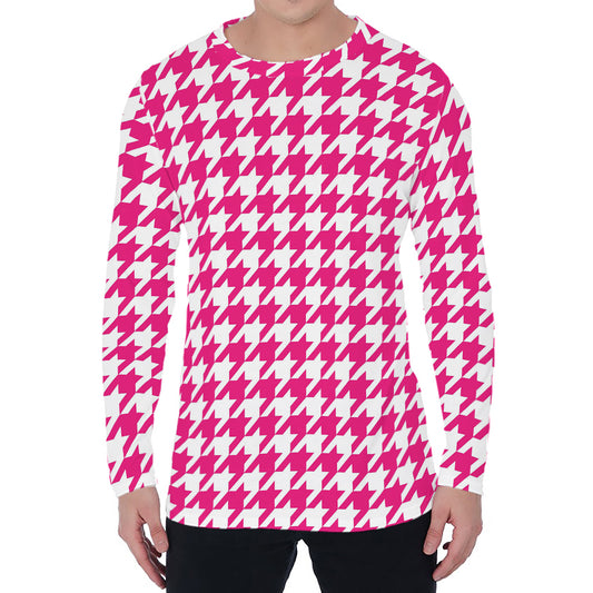 Hot Pink And White Houndstooth Print Men's Long Sleeve T-Shirt