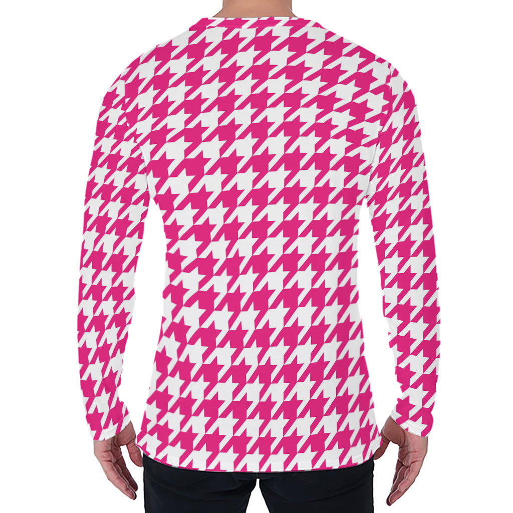 Hot Pink And White Houndstooth Print Men's Long Sleeve T-Shirt