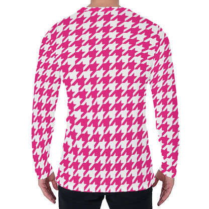 Hot Pink And White Houndstooth Print Men's Long Sleeve T-Shirt