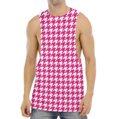 Hot Pink And White Houndstooth Print Men's Muscle Tank Top