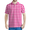 Hot Pink And White Houndstooth Print Men's Polo Shirt