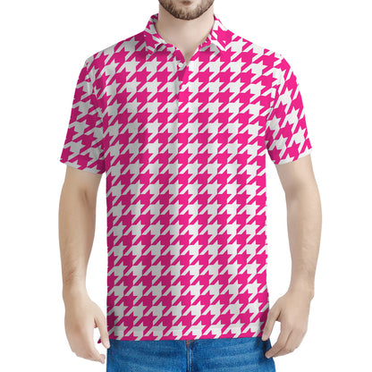 Hot Pink And White Houndstooth Print Men's Polo Shirt