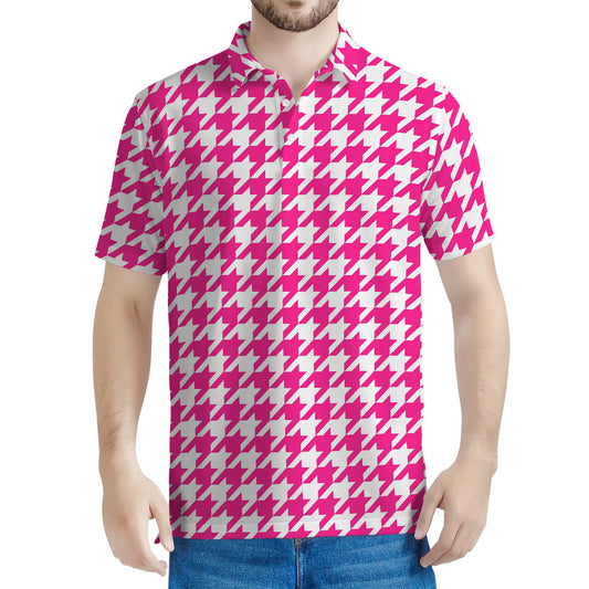 Hot Pink And White Houndstooth Print Men's Polo Shirt