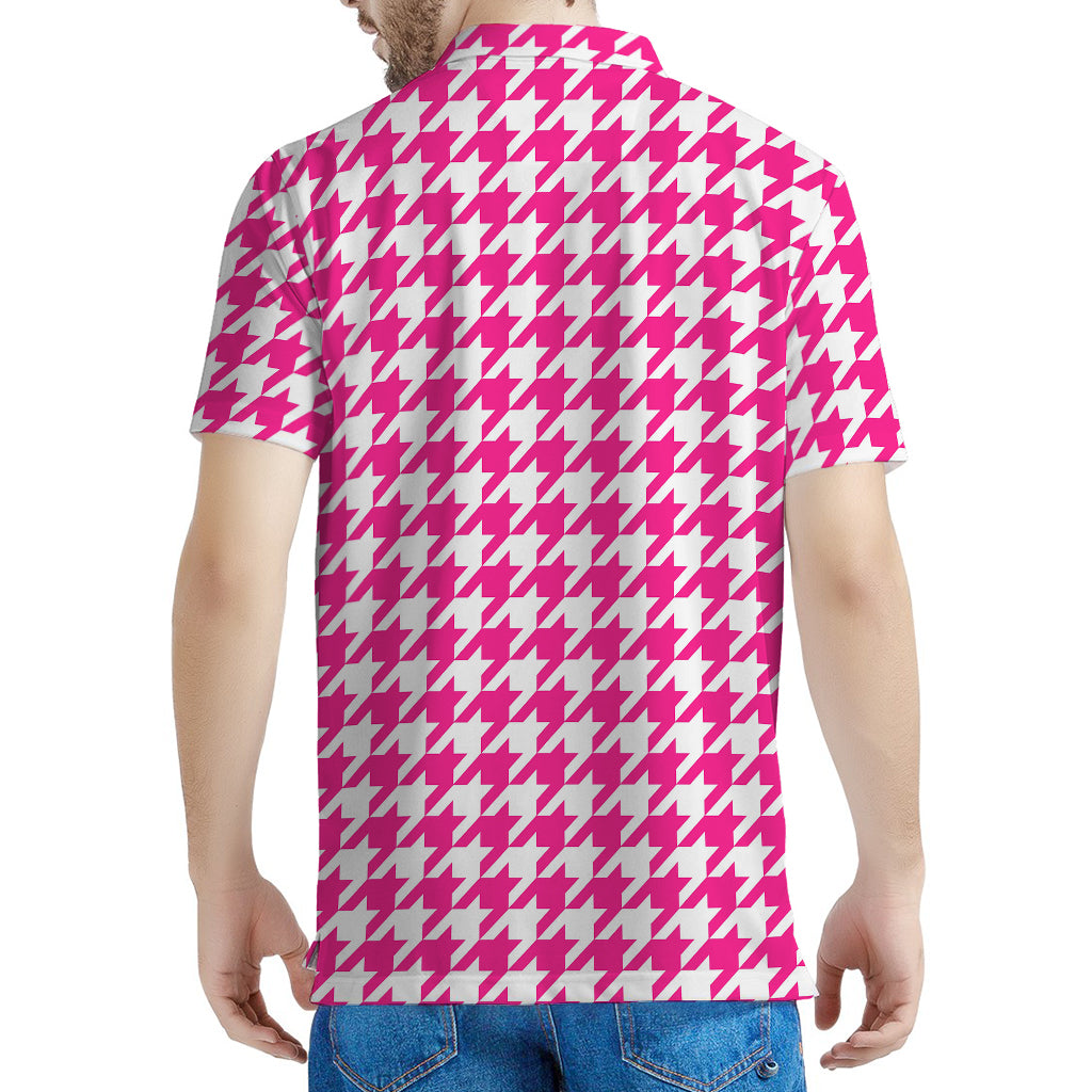 Hot Pink And White Houndstooth Print Men's Polo Shirt