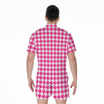 Hot Pink And White Houndstooth Print Men's Rompers