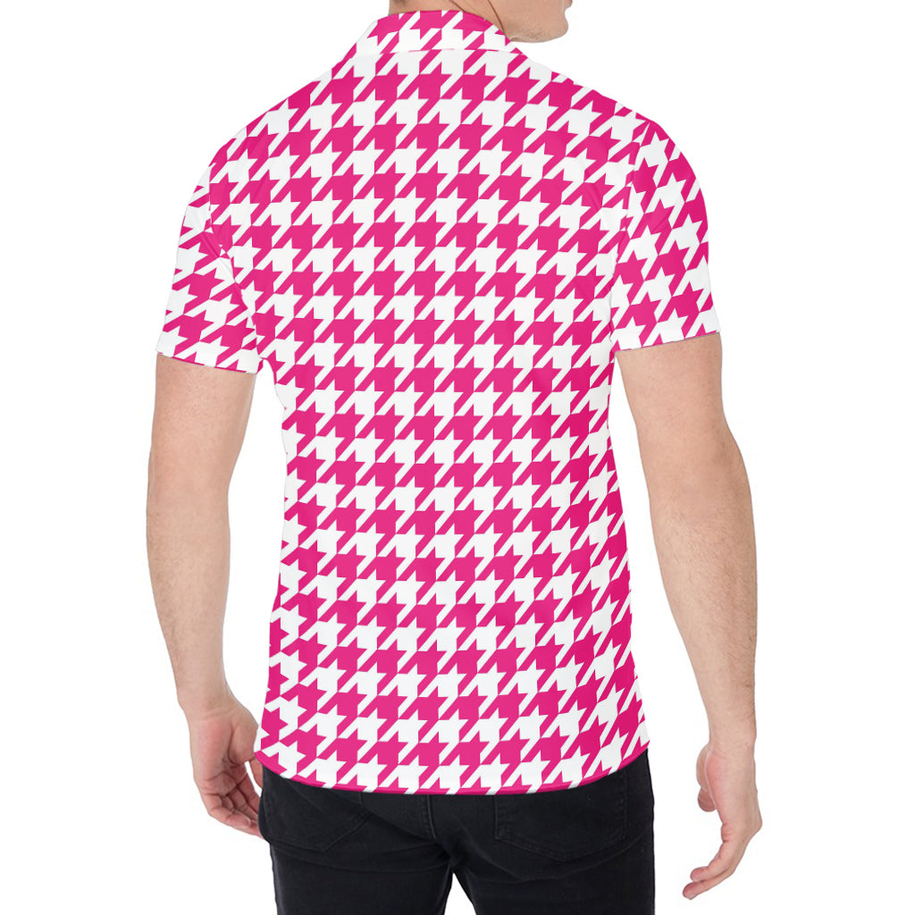 Hot Pink And White Houndstooth Print Men's Shirt