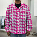 Hot Pink And White Houndstooth Print Men's Shirt Jacket