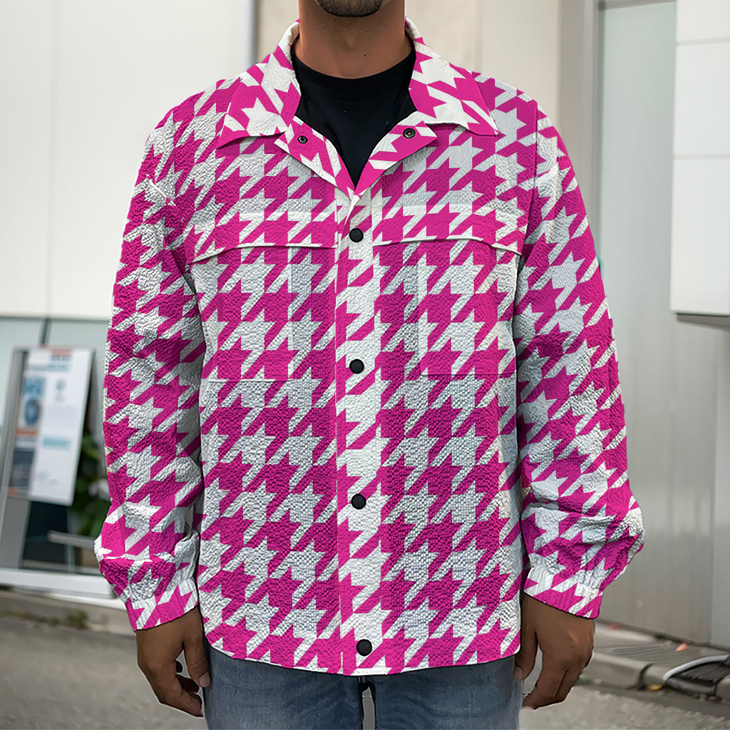 Hot Pink And White Houndstooth Print Men's Shirt Jacket