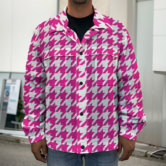 Hot Pink And White Houndstooth Print Men's Shirt Jacket
