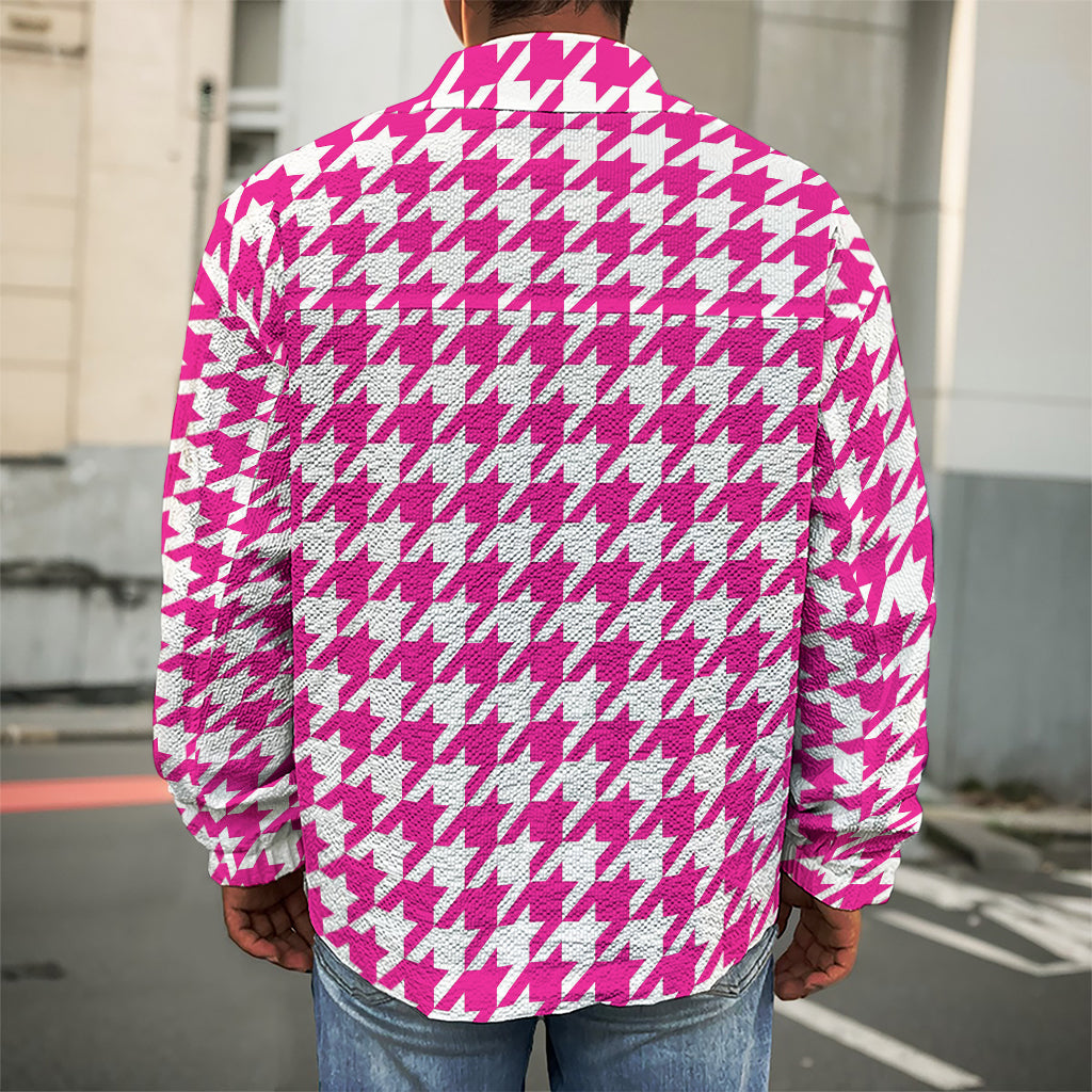 Hot Pink And White Houndstooth Print Men's Shirt Jacket