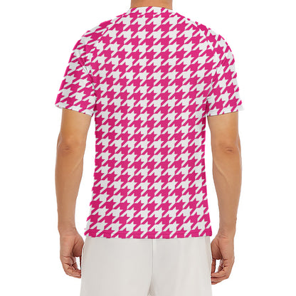 Hot Pink And White Houndstooth Print Men's Short Sleeve Rash Guard