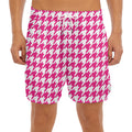 Hot Pink And White Houndstooth Print Men's Split Running Shorts