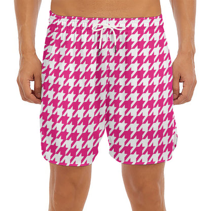 Hot Pink And White Houndstooth Print Men's Split Running Shorts