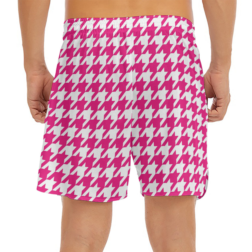 Hot Pink And White Houndstooth Print Men's Split Running Shorts
