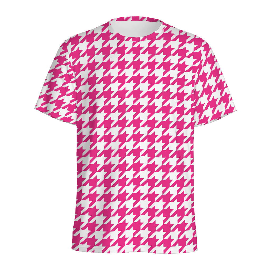 Hot Pink And White Houndstooth Print Men's Sports T-Shirt
