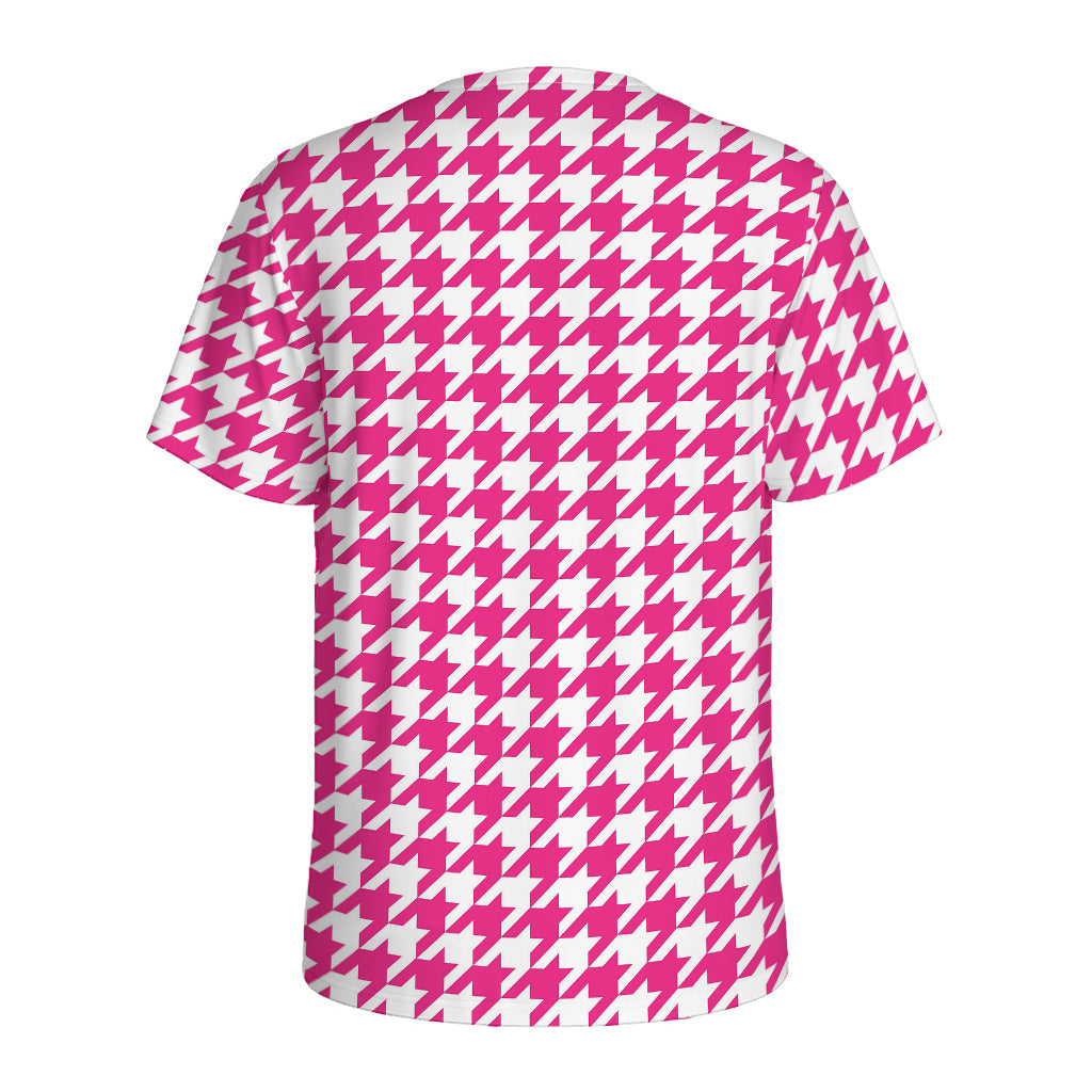 Hot Pink And White Houndstooth Print Men's Sports T-Shirt