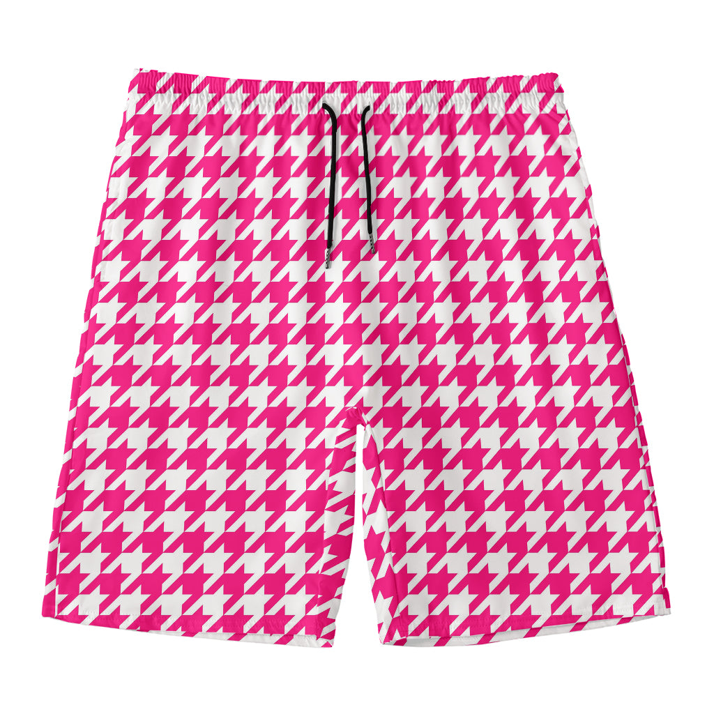 Hot Pink And White Houndstooth Print Men's Swim Trunks