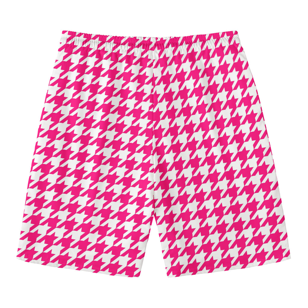 Hot Pink And White Houndstooth Print Men's Swim Trunks
