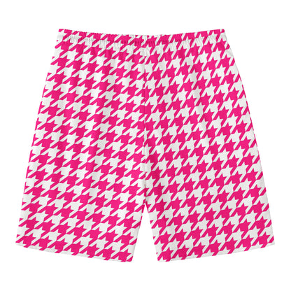 Hot Pink And White Houndstooth Print Men's Swim Trunks