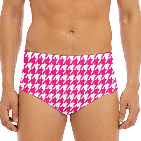 Hot Pink And White Houndstooth Print Men's Triangle Swim Briefs