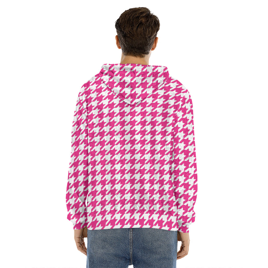 Hot Pink And White Houndstooth Print Men's Velvet Pullover Hoodie