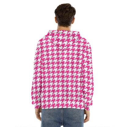 Hot Pink And White Houndstooth Print Men's Velvet Pullover Hoodie