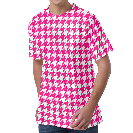 Hot Pink And White Houndstooth Print Men's Velvet T-Shirt