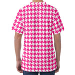 Hot Pink And White Houndstooth Print Men's Velvet T-Shirt