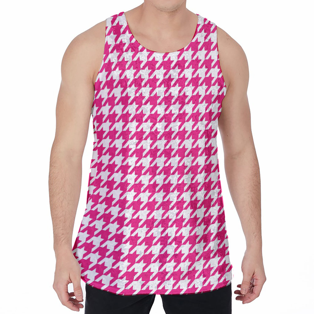 Hot Pink And White Houndstooth Print Men's Velvet Tank Top