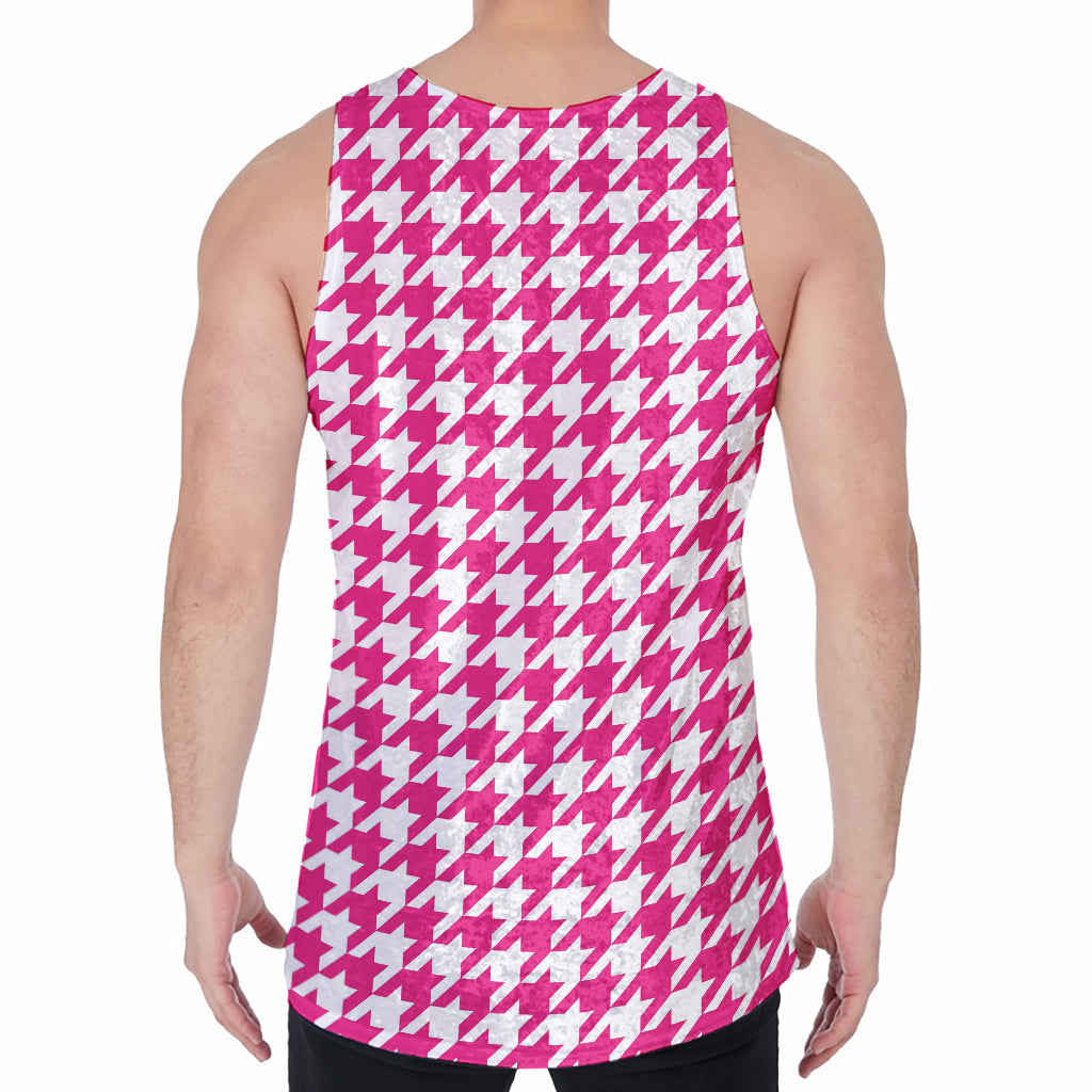 Hot Pink And White Houndstooth Print Men's Velvet Tank Top