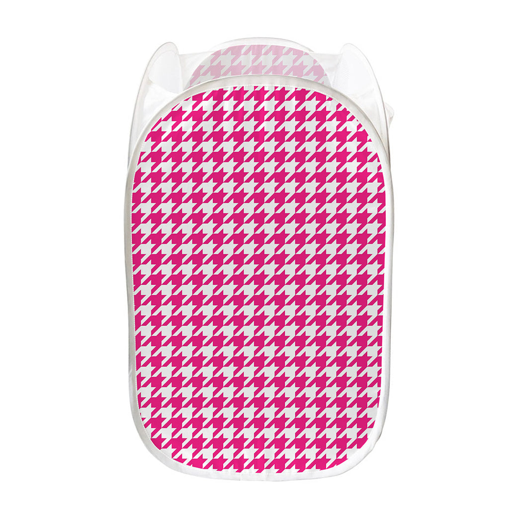 Hot Pink And White Houndstooth Print Mesh Laundry Hamper