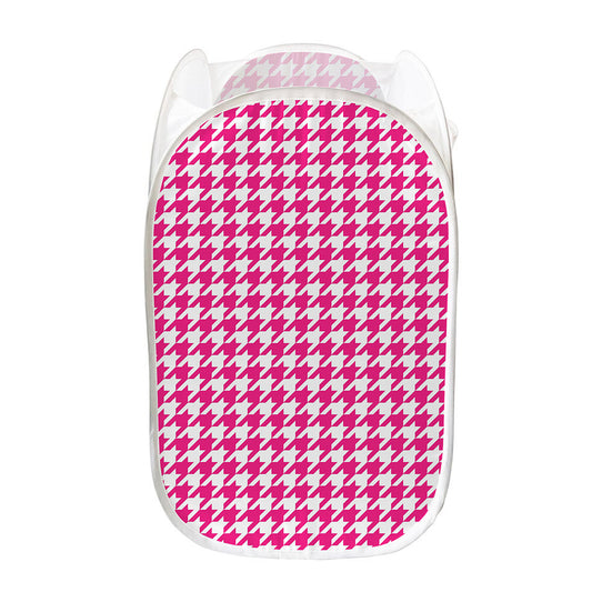 Hot Pink And White Houndstooth Print Mesh Laundry Hamper