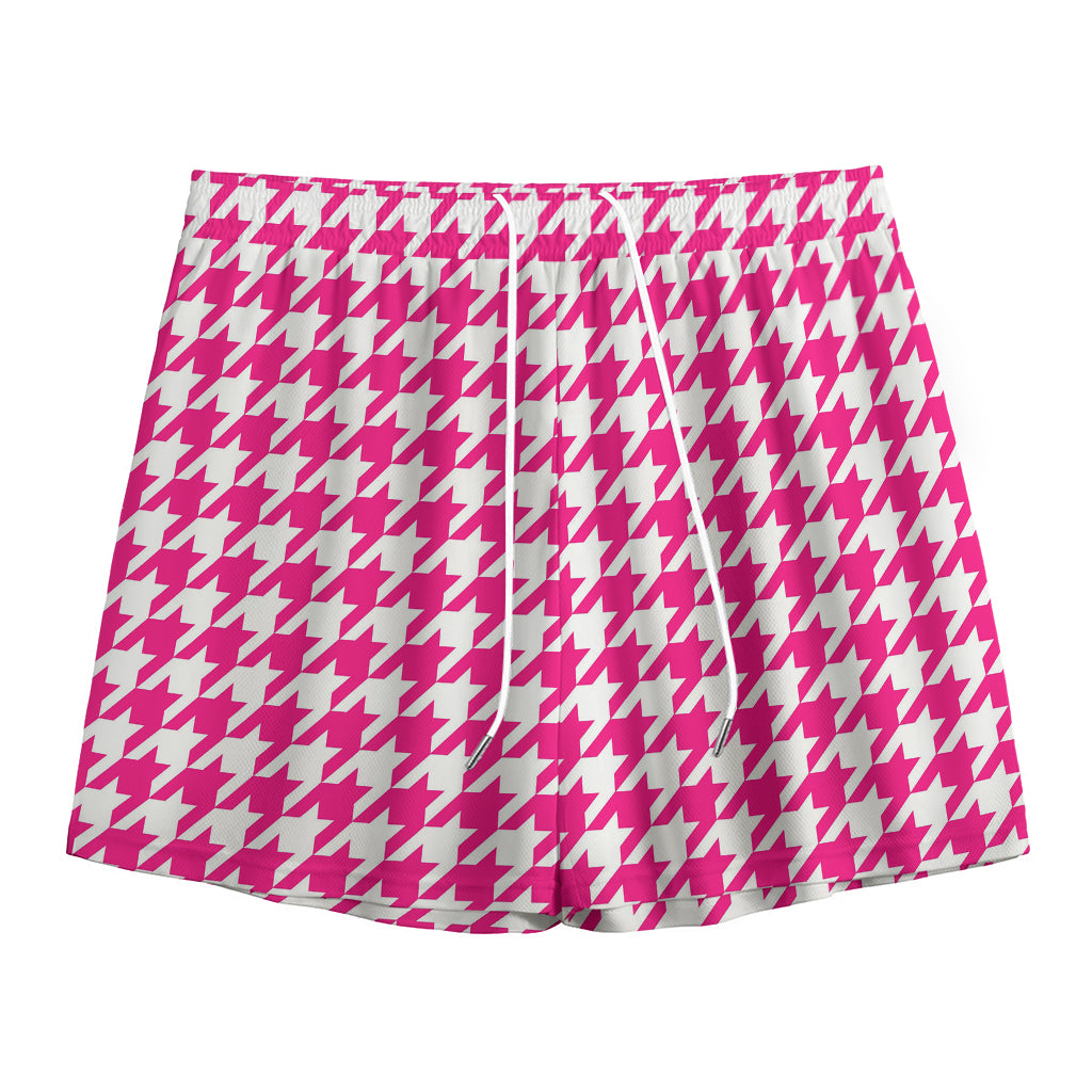 Hot Pink And White Houndstooth Print Mesh Shorts