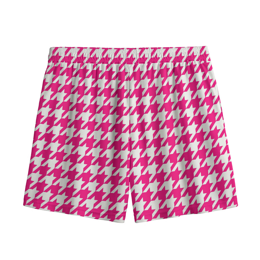 Hot Pink And White Houndstooth Print Mesh Shorts