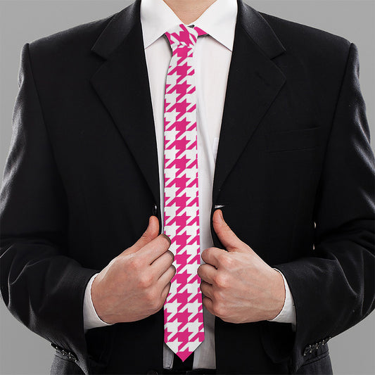 Hot Pink And White Houndstooth Print Necktie