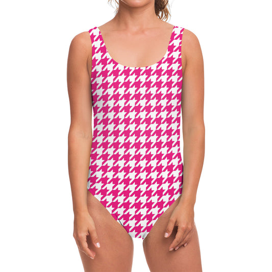 Hot Pink And White Houndstooth Print One Piece Swimsuit