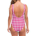 Hot Pink And White Houndstooth Print One Piece Swimsuit