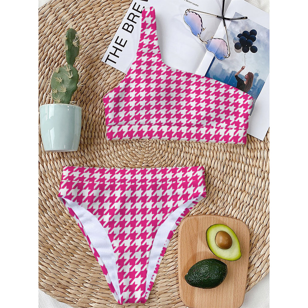 Hot Pink And White Houndstooth Print One Shoulder Bikini Top