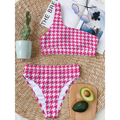 Hot Pink And White Houndstooth Print One Shoulder Bikini Top