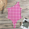 Hot Pink And White Houndstooth Print One Shoulder Bodysuit