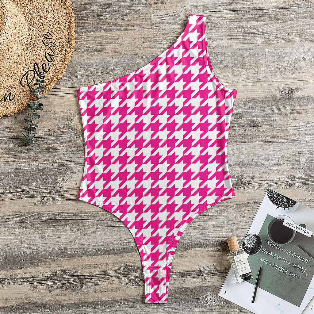 Hot Pink And White Houndstooth Print One Shoulder Bodysuit