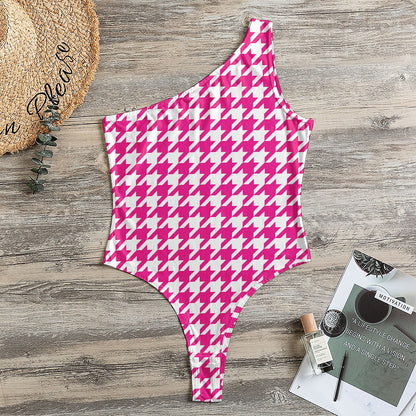 Hot Pink And White Houndstooth Print One Shoulder Bodysuit