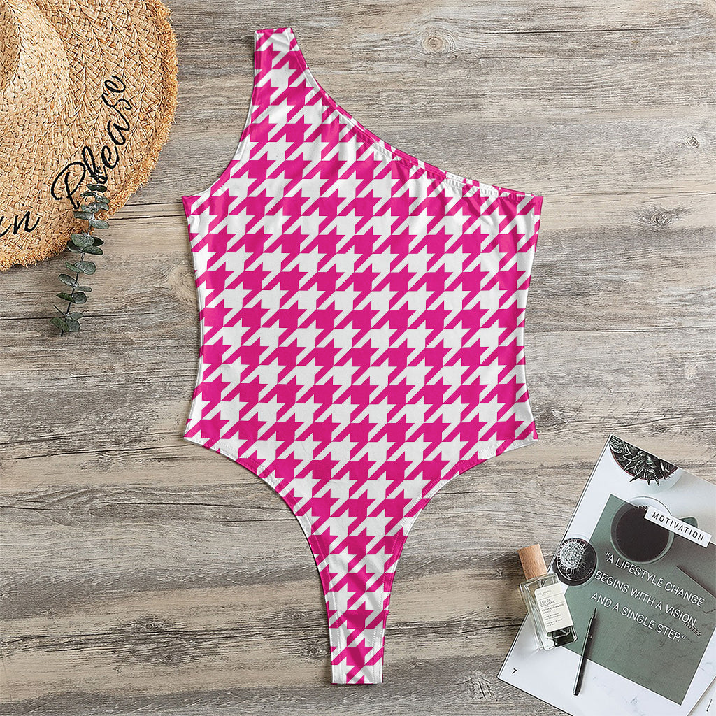 Hot Pink And White Houndstooth Print One Shoulder Bodysuit