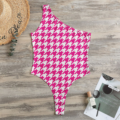 Hot Pink And White Houndstooth Print One Shoulder Bodysuit