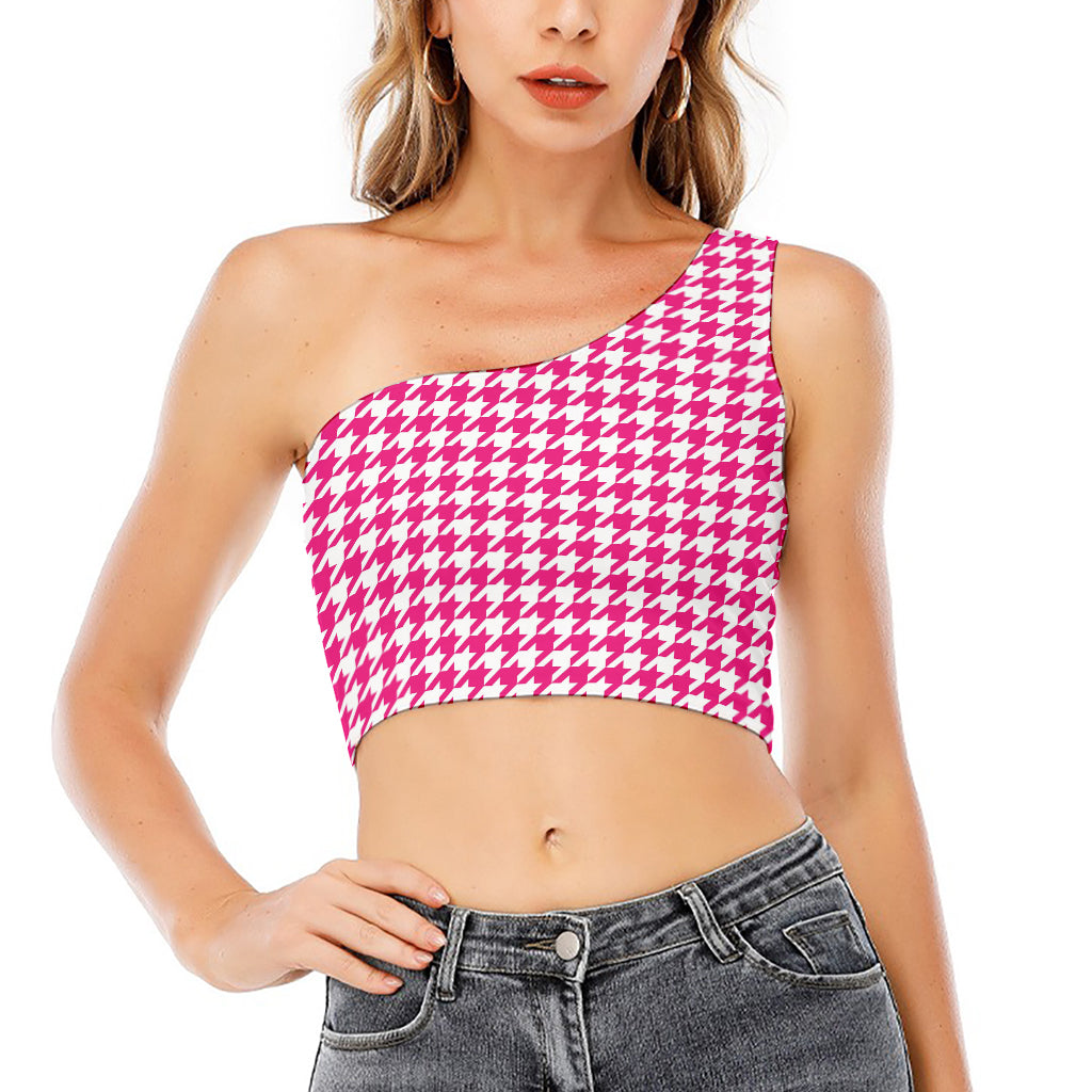 Hot Pink And White Houndstooth Print One Shoulder Crop Top