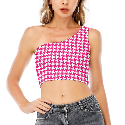 Hot Pink And White Houndstooth Print One Shoulder Crop Top