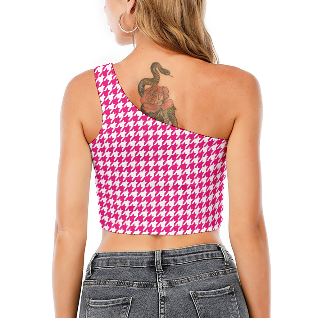 Hot Pink And White Houndstooth Print One Shoulder Crop Top