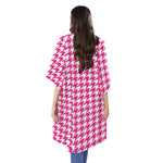 Hot Pink And White Houndstooth Print Open Front Beach Cover Up